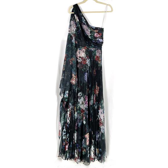Marchesa One-Shoulder Gown Pleated Floral Chiffon Black Dress Side Slit Sz 6 - Picture 5 of 11